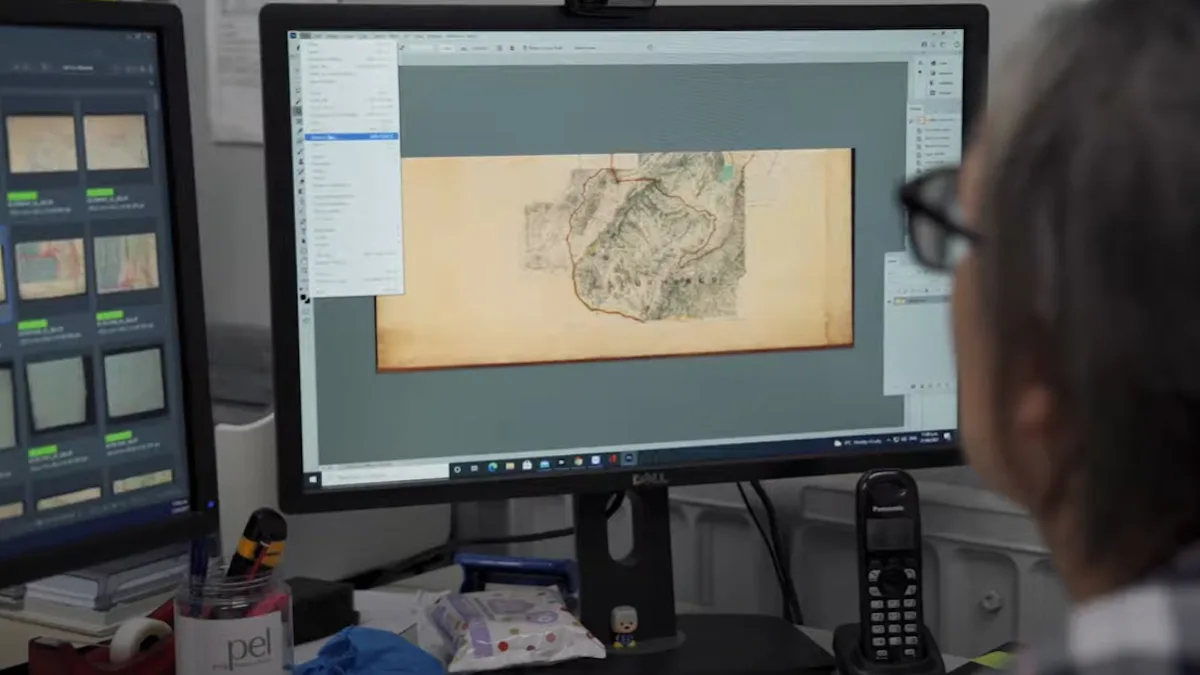 A digitisation technician looks at an image of a map on a computer screen