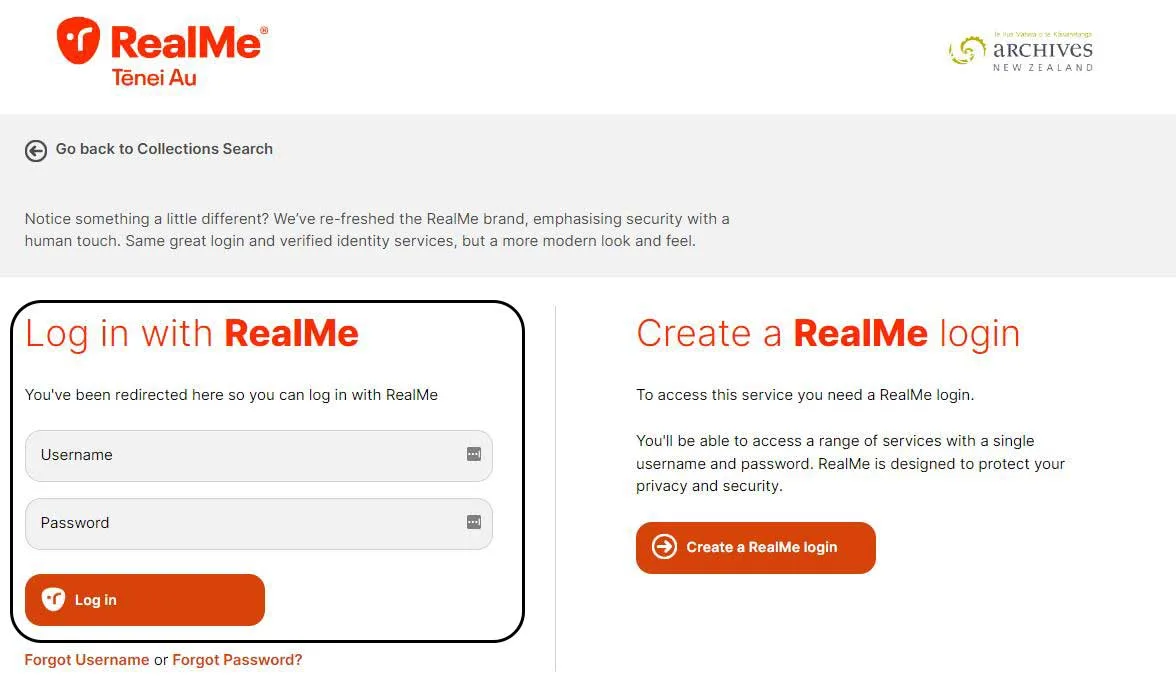 Image showing RealMe login screen for users who already have an account.