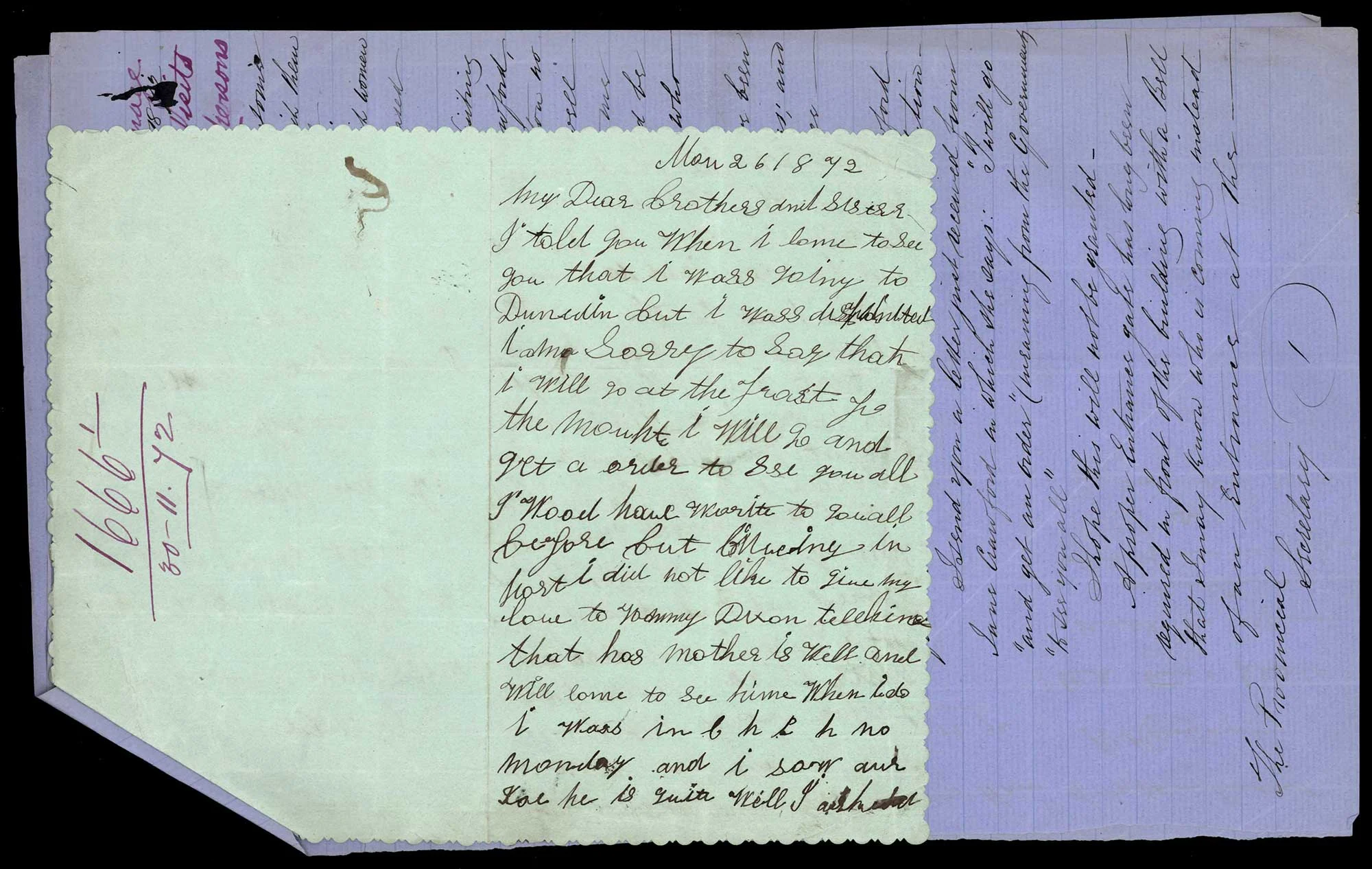 Handwritten letters with cursive script on old pale green and blue papers
