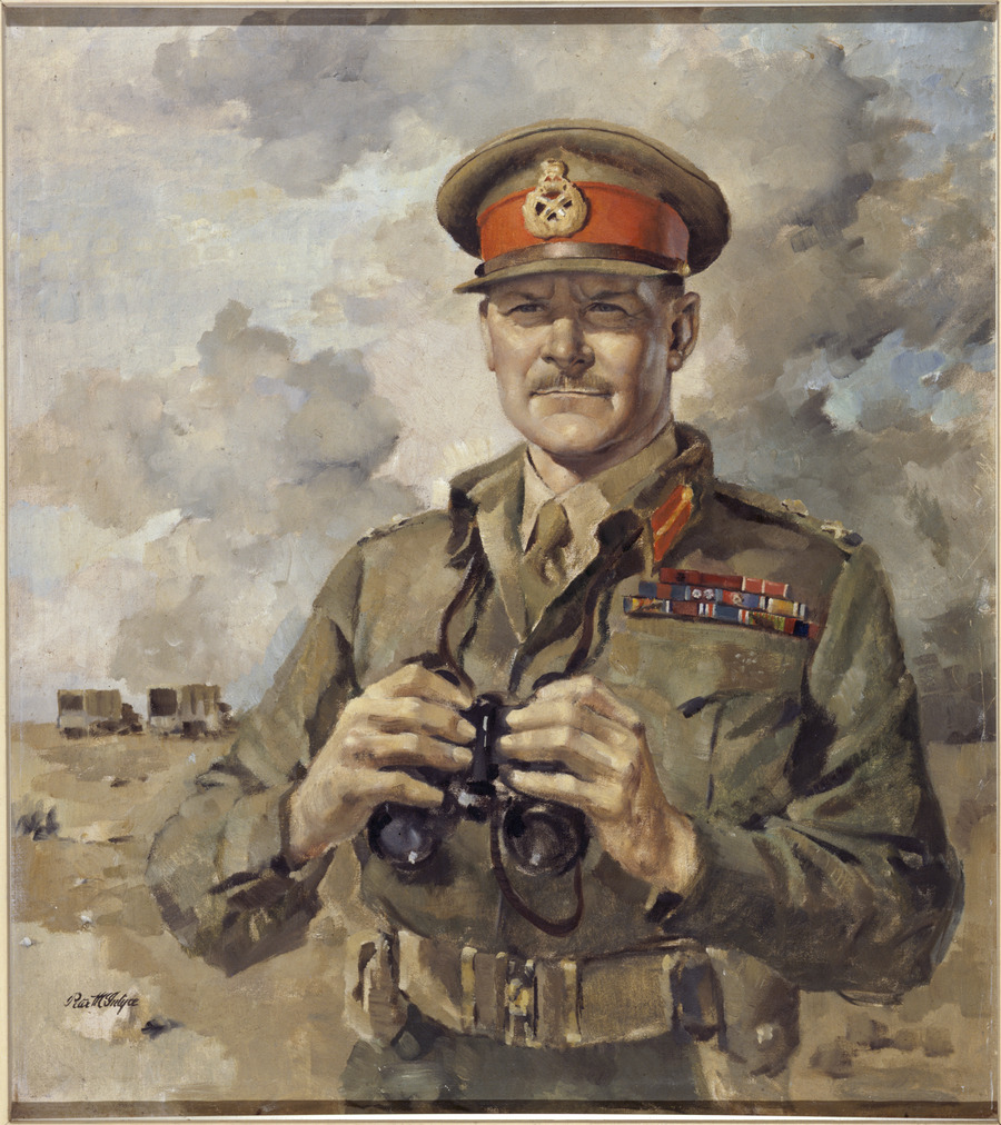 Oil on canvas portrait of Major General Sir Bernard Freyberg standing in uniform with a pair of binoculars in his hands. In the background is a distant war scene with trucks and dusty clouds. Portrait is painted by Peter McIntyre