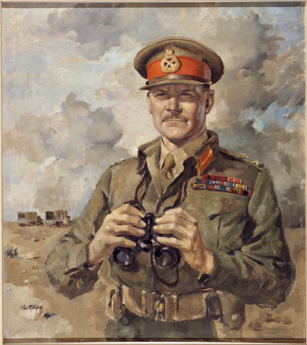 Oil on canvas portrait of Major General Sir Bernard Freyberg standing in uniform with a pair of binoculars in his hands. In the background is a distant war scene with trucks and dusty clouds. Portrait is painted by Peter McIntyre