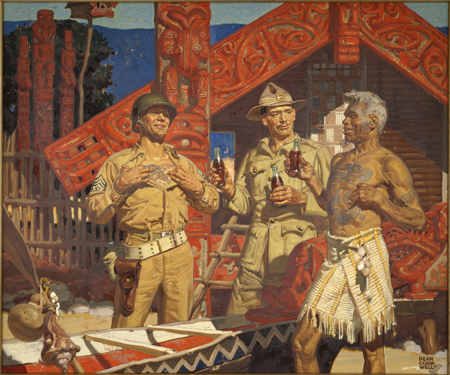 Oil painting of three men, two in soldier uniforms, and a Māori man in traditional clothing, each holding a bottle of coca cola. They are standing in front of a Māori meeting house and there is a waka or canoe in the foreground.