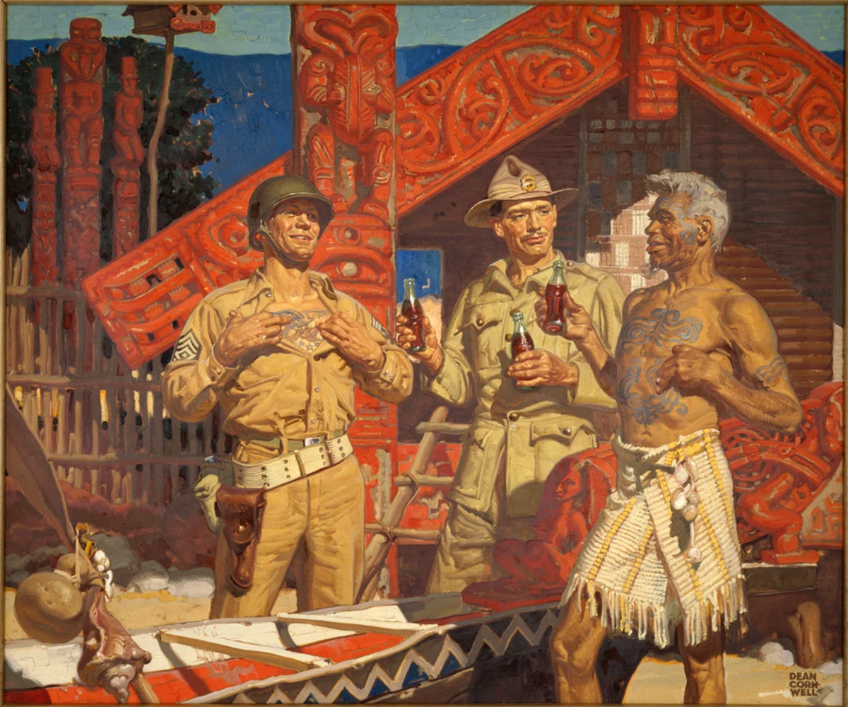 Oil painting of three men, two in soldier uniforms, and a Māori man in traditional clothing, each holding a bottle of coca cola. They are standing in front of a Māori meeting house and there is a waka or canoe in the foreground.