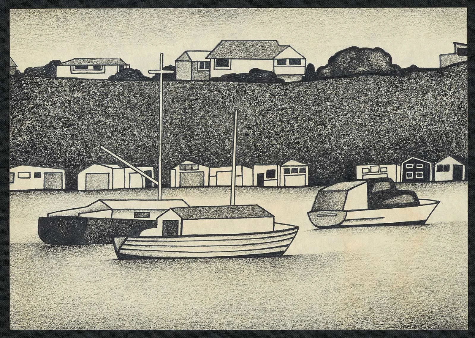 Black and white illustration of three boats and some boatsheds in the background