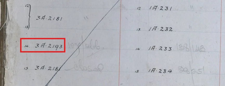 Old document with columns of numbers. A red box highlights the entry '3A 2193'.