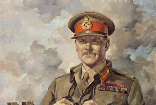 An oil painting of Major General Sir Bernard Freyberg. He is holding binoculars and looking out into the distance.
