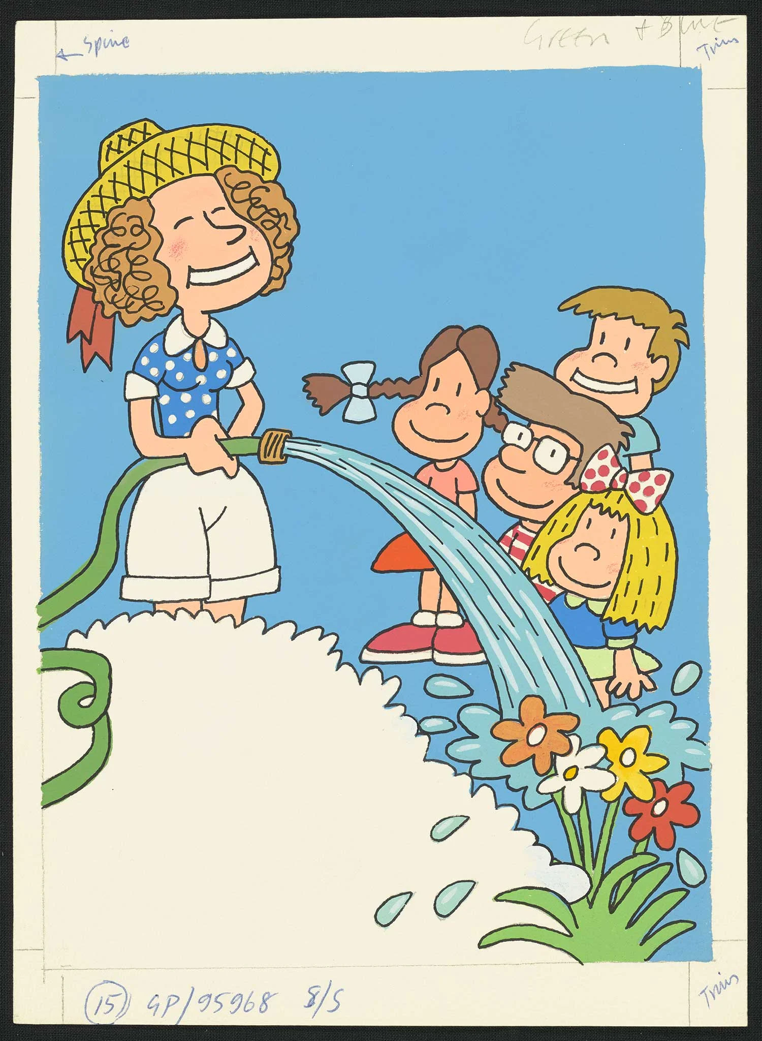 Coloured illustration of a woman wearing a yellow hat holding a water house and watering flower plants, four kids standing and smiling