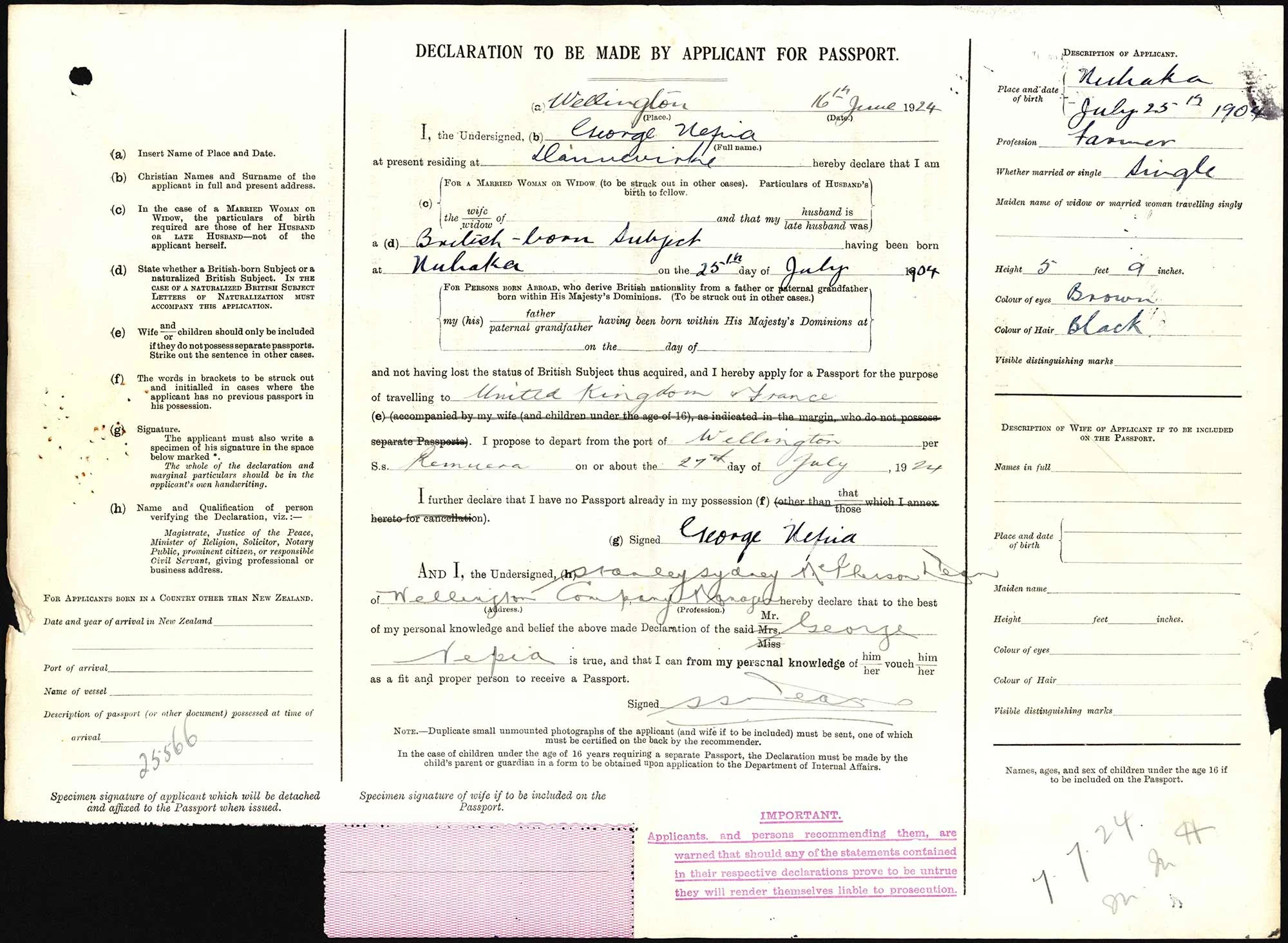 George Nepia passport application