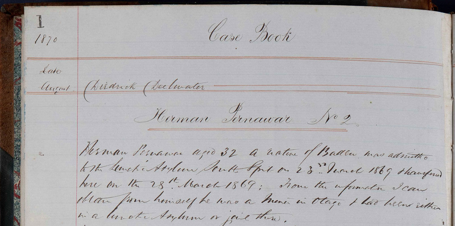 Seaview admission of Herman Pernawar March 1869 Case book showing admission of Herman Pernawar to Seaview March 1869