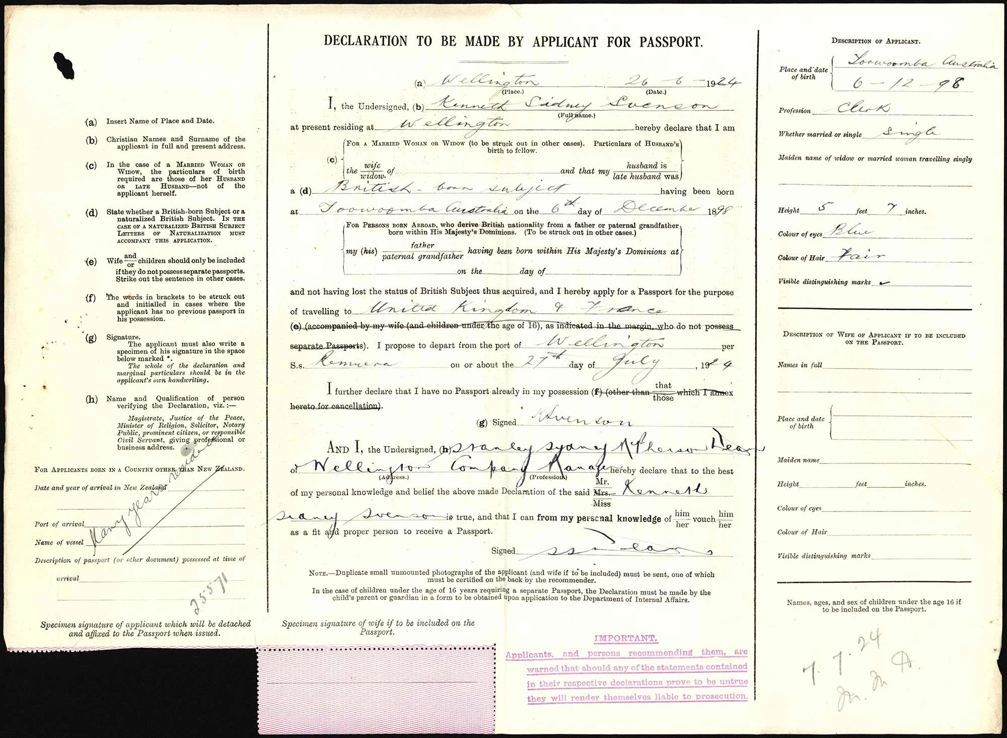 Kenneth Sidney Svenson passport application
