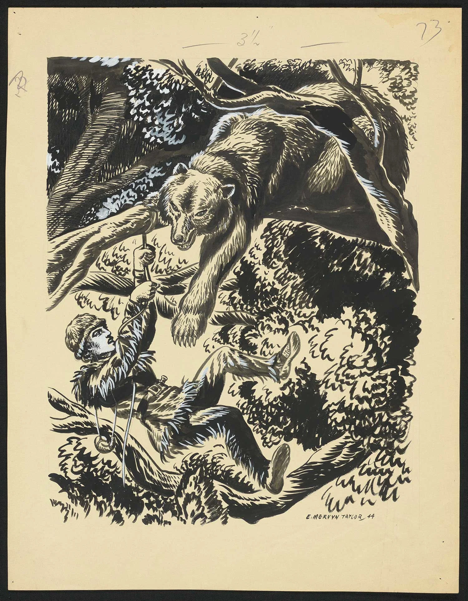Black print on an old yellowed paper showing a bear on a tree and a man hanging holding a rope