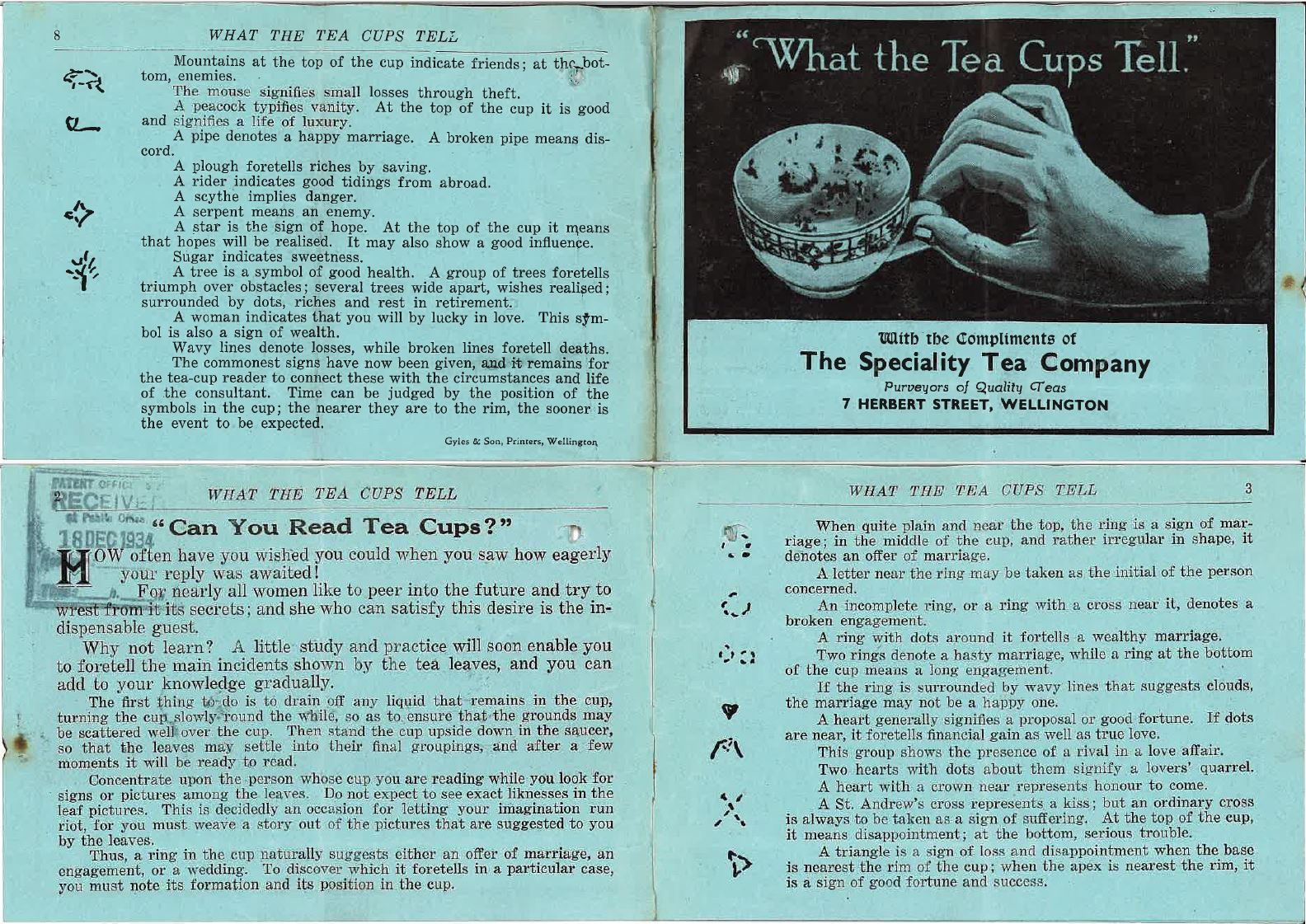 Excerpt from the booklet 'What the tea cups tell'. Double page spread featuring illustrations of tea leaves on blue pages.