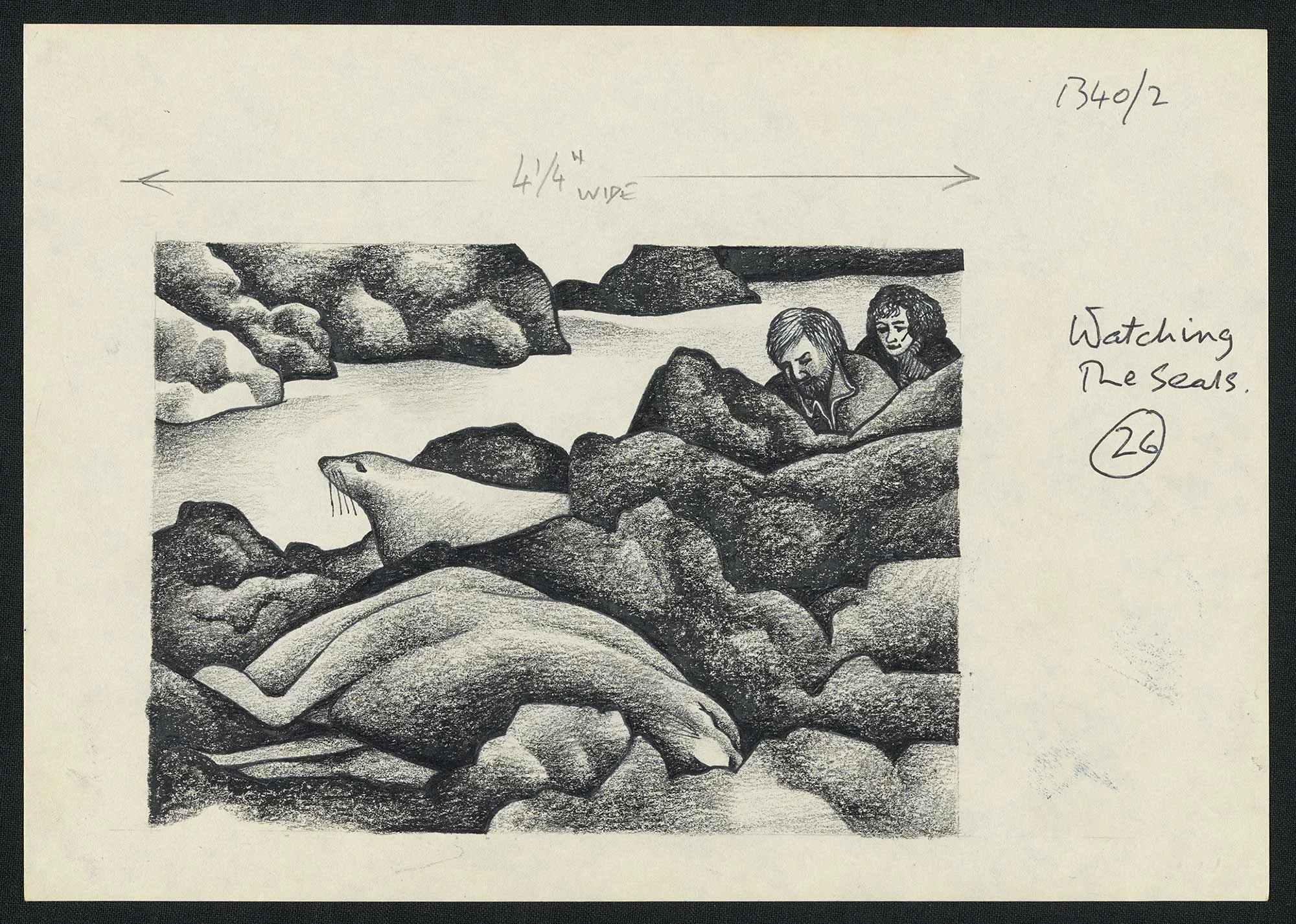 Black and white illustration of rocks on the shore and seals relaxing on the rocks