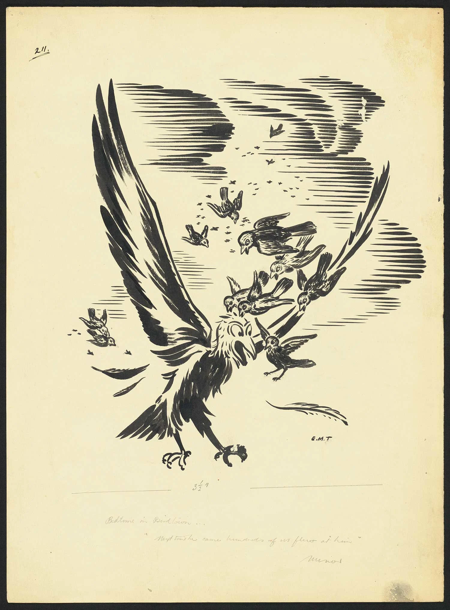 Black print on an old yellowed paper showing few birds flying in the sky