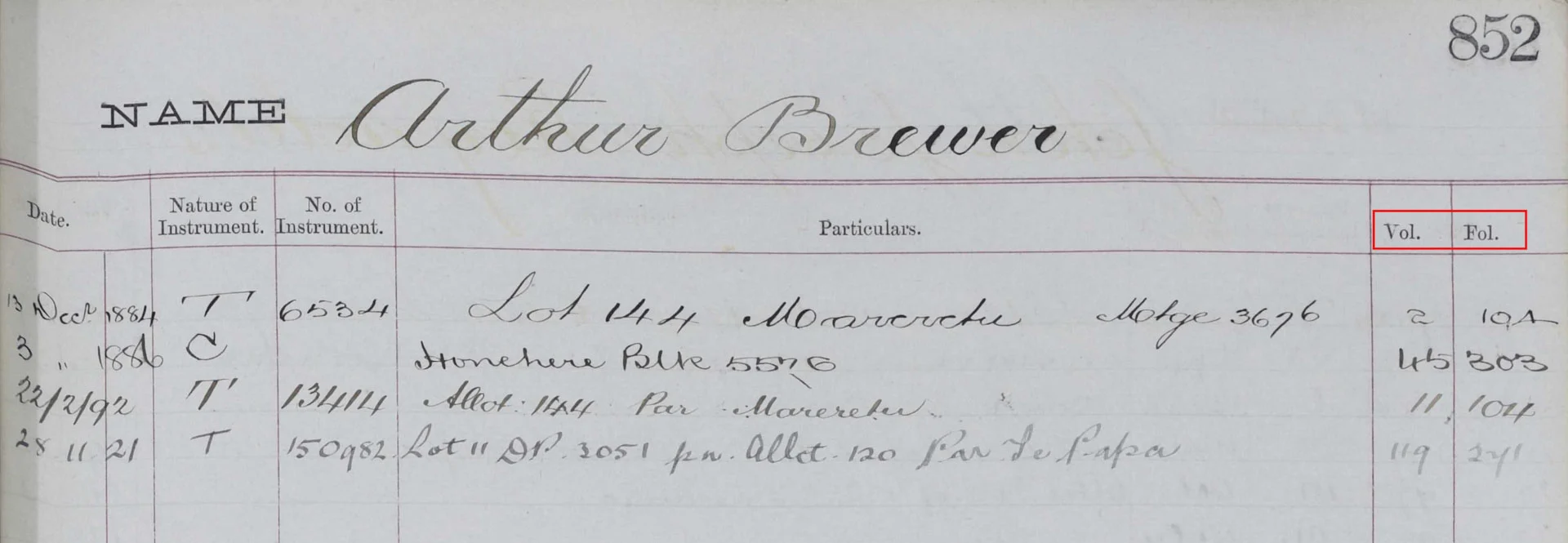 Old document with the title 'Name Arthur Brewer' and the page number 852. There are columns titled Date, Nature of Instrument, No. of Instrument, Particulars, Vol. and Fol. Vol and Fol are highlighted with a red box.