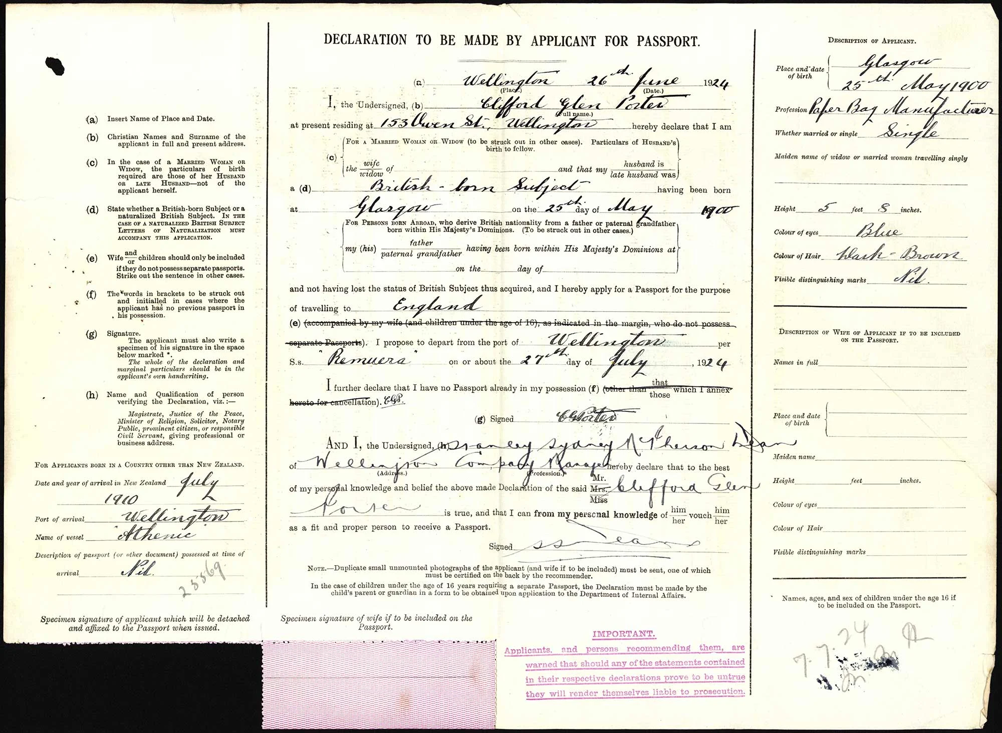 Clifford Glen Porter passport application