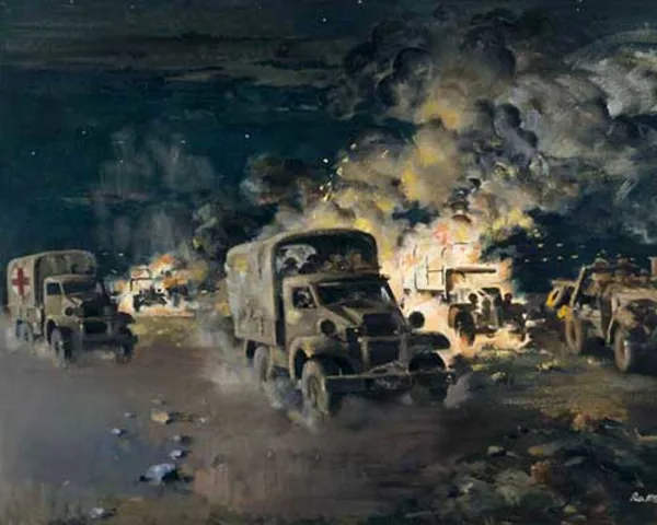 A painting of a war scene. A group of vehicles are on dusty terrain. Some are engulfed in flames.