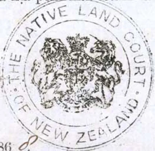 Black and white circular seal with words 'The native land court of New Zealand'.