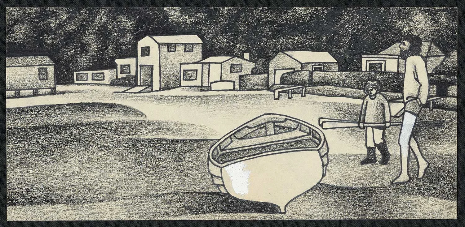 Black and white illustration of a boat, a man, a boy and some boatsheds in the background