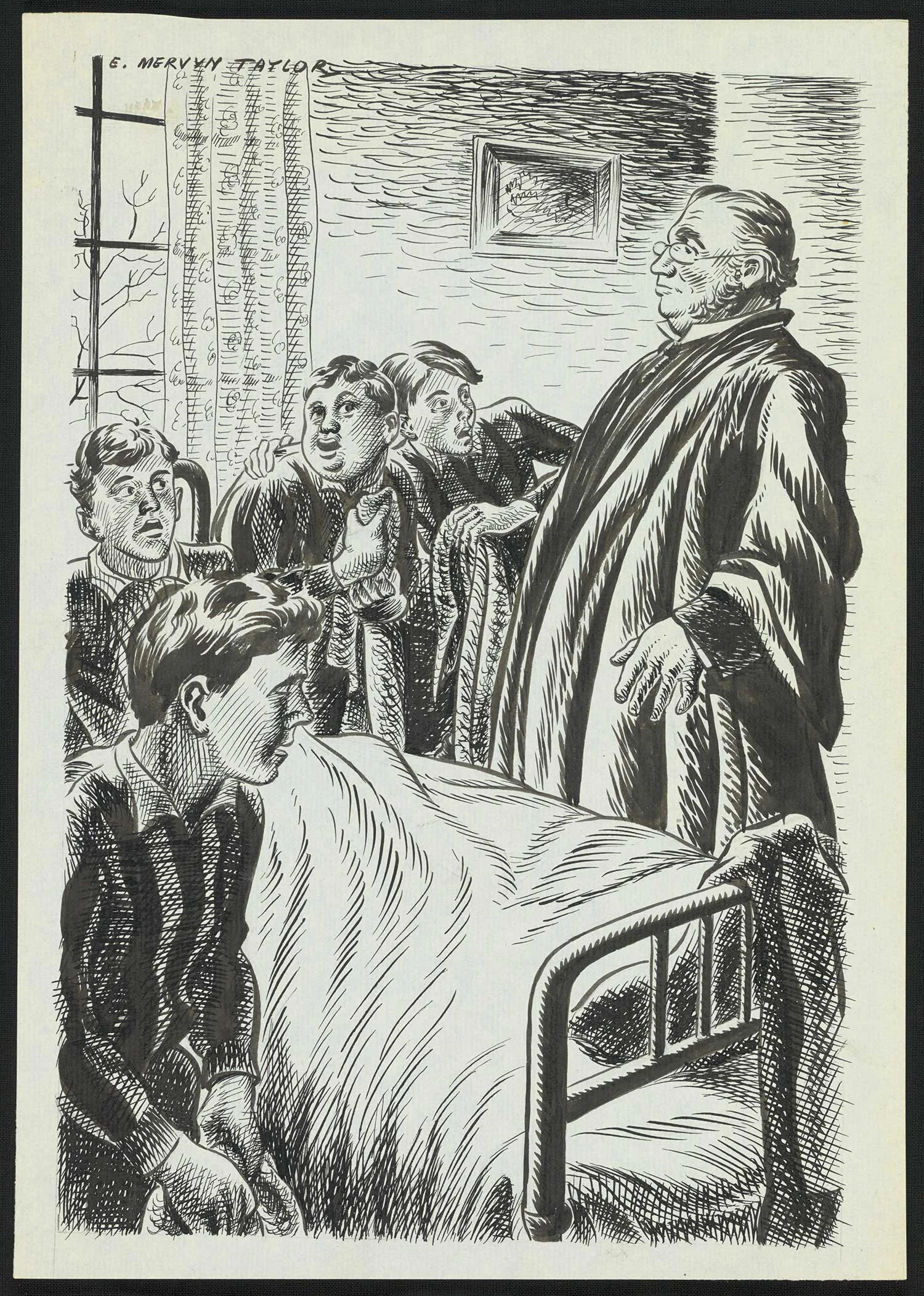 Black print on an old yellowed paper showing a man wearing a black coat and standing near a boy sitting on a bed with three boys on his side