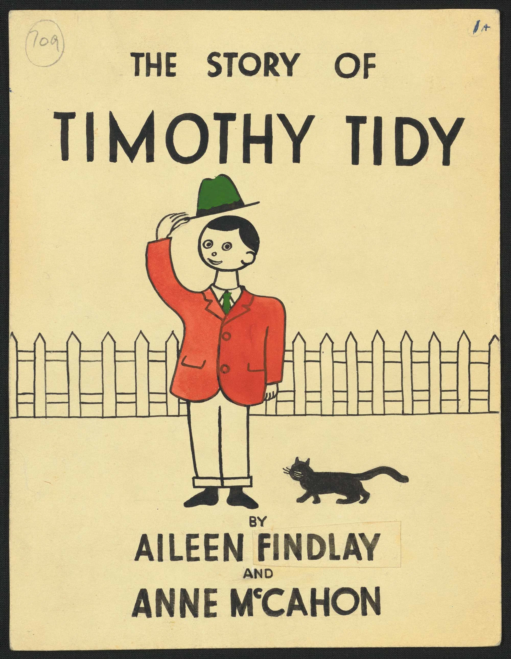 Illustration of a boy with a black cat on his left, wearing a red coat and holding a green hat, with words written the story of Timothy Tidy. Words By Aileen Findlay and Anne McCahon below.