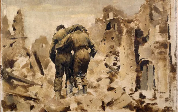 An oil painting of a war scene. Two soldiers walk through rubble. One is injured and assisted by the other.