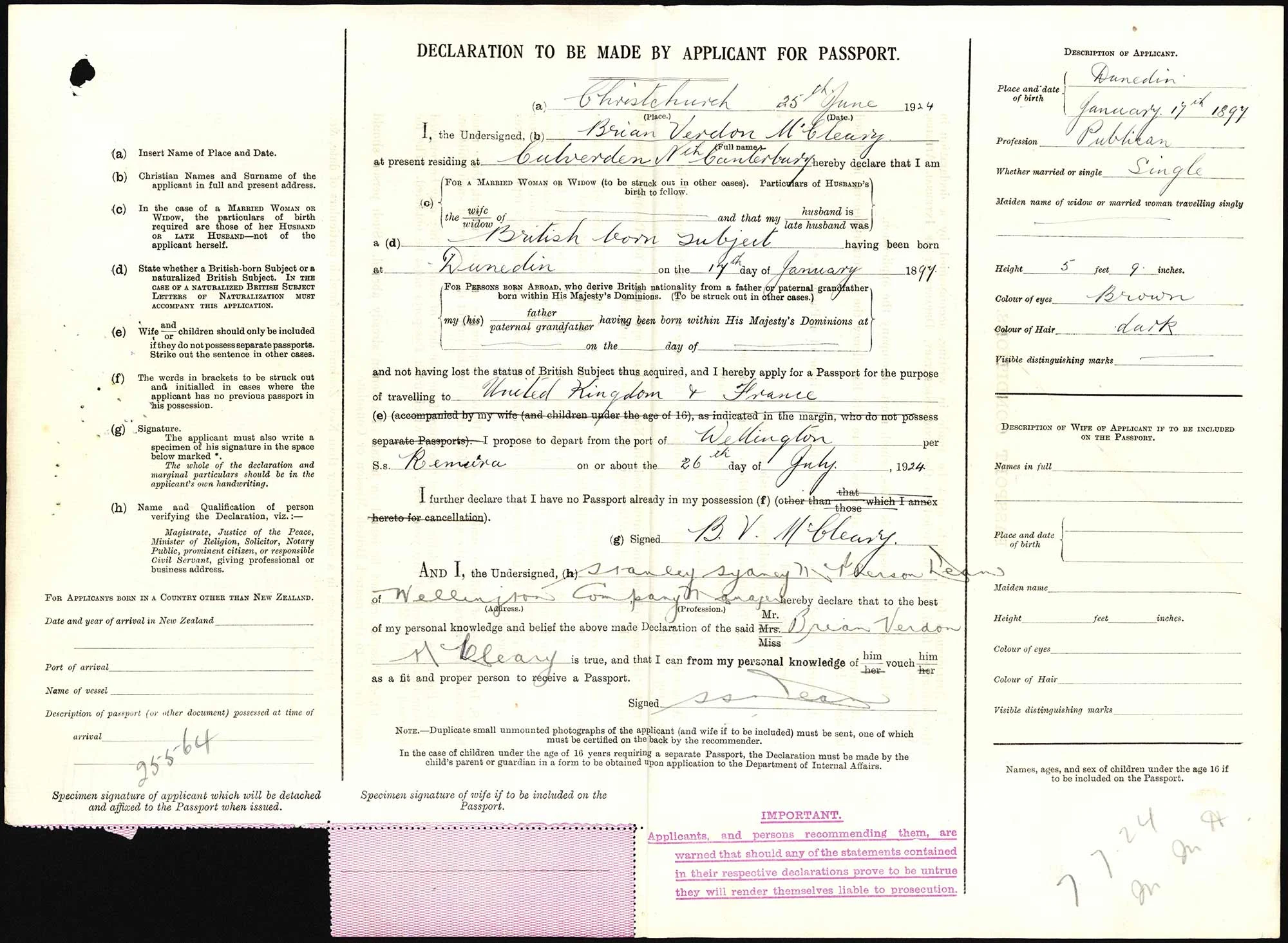 Brian Verdon McCleary passport application