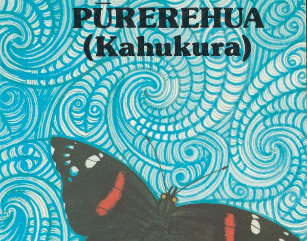 Coloured illustration of a black moth and words written on the top Pūrerehua (Kahukura) on a background of circular blue patterns