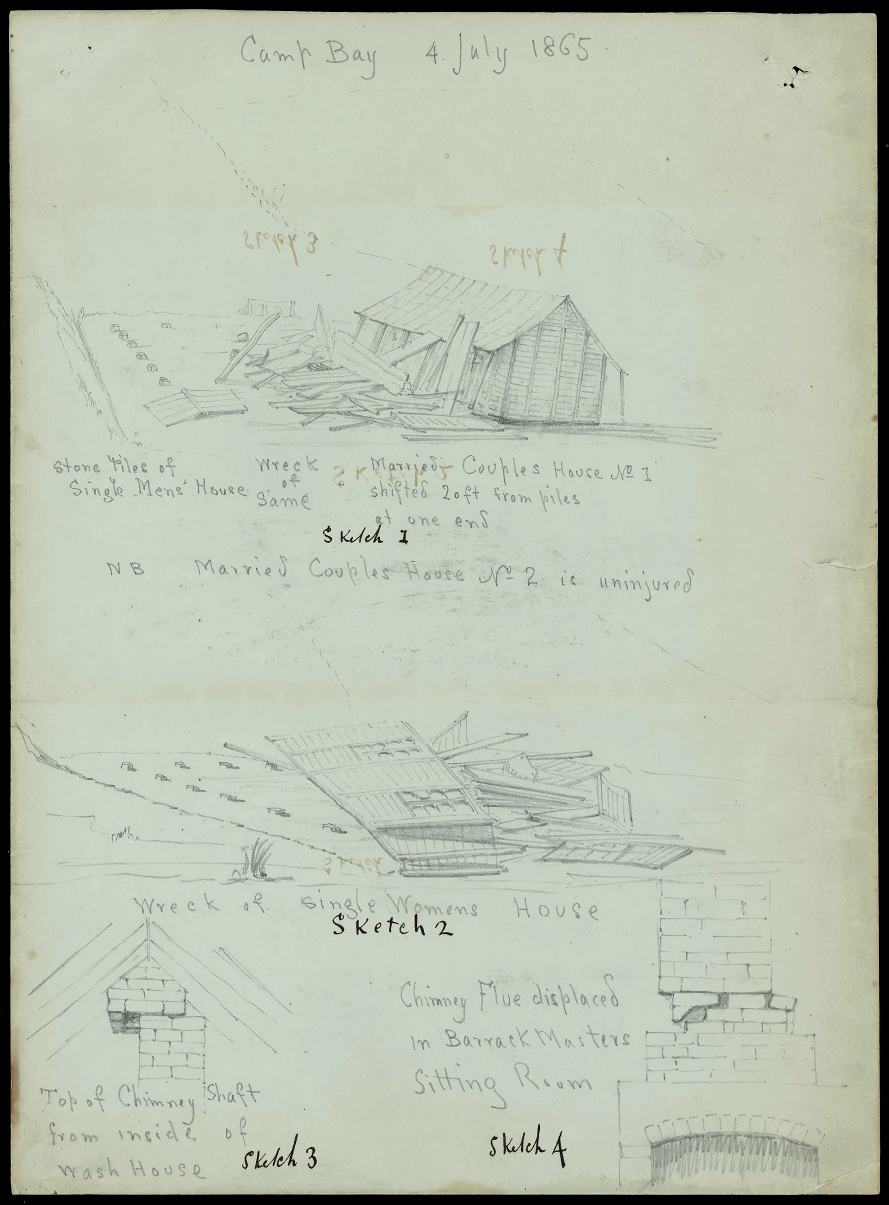 Group of sketches showing a damaged house on an old paper and some text written in pencil