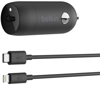 Side view of black Belkin 18W USB-C Car Charger with USB-C-to Lightning Cable