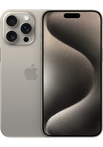 Front and back side of iPhone 15 Pro Max in Natural Titanium