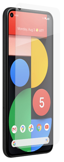 Vue en angle du protecteur d’écran InvisibleShield Glass en suspension au-dessus d’un Pixel 5