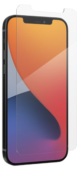 Angled InvisibleShield Glass Elite Vision Guard+ Screen Protector hovering over iPhone 12