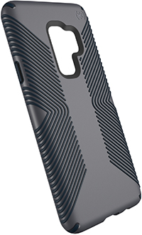 Vue en angle de l’étui Presidio Grip de Speck gris/noir pour Galaxy S9+