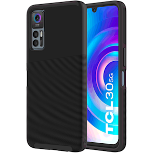 Angled black Axessorize PROTech Plus Case TCL 30 5G from the back and front
