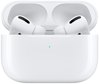 White Apple AirPods Pro in charging case peeking over edge