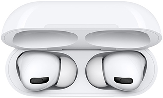 Top down view of white Apple AirPods Pro in charging case