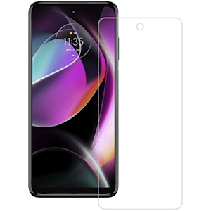 Axessorize ARMORGlass Screen protector hovering in front of the Moto G 5G (2022)