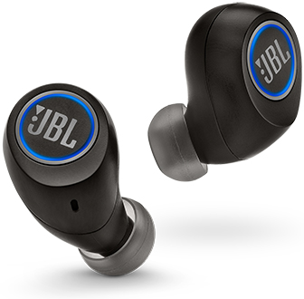 Vue en angle des écouteurs véritablement sans fil Free noirs de JBL