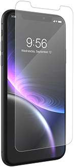 Angled InvisibleShield Glass Screen Protector Hovering Over iPhone XR