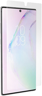 Angled InvisibleShield Ultra VisionGuard Screen Protector Hovering Over Galaxy Note 10+