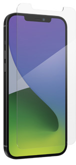 Angled InvisibleShield Glass Screen Protector hovering over phone iPhone 12