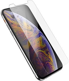 Angled OtterBox Amplify Screen Protector Hovering Over iPhone