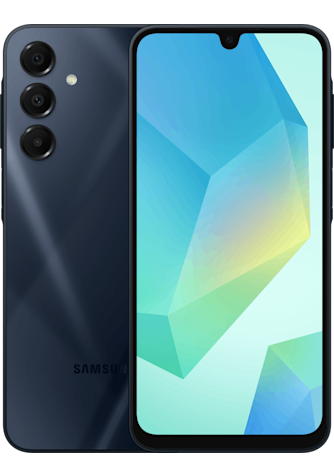 Front and back side of Samsung Galaxy A16 in Blue Black