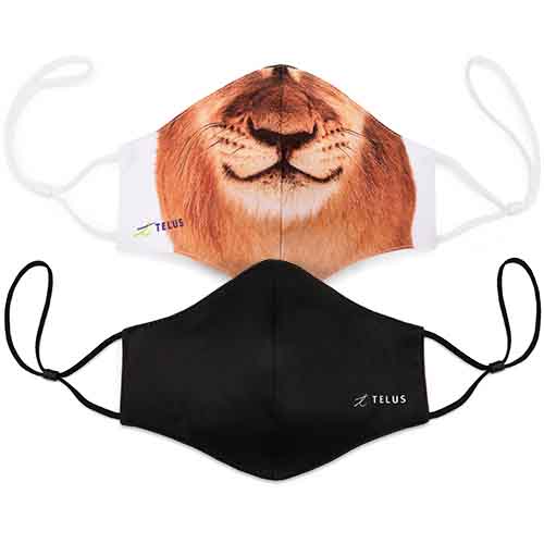 Two facemasks with the TELUS logo, one with a lion’s snout and one plain black.