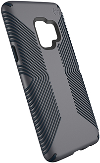 Vue en angle de l’étui Presidio Grip de Speck gris/noir pour Galaxy S9