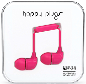 Cerise Happy Plugs In-Ear Headphones in Packaging