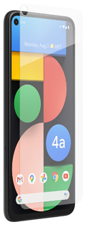 Angled InvisibleShield Glass Screen Protector Pixel 4a 5G hovering over phone
