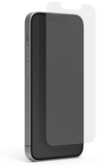 Vue en angle du protecteur d’écran haute définition en verre de Puregear en suspension au-dessus d’un iPhone 13 mini