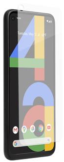 Vue en angle du protecteur d’écran InvisibleShield Glass en suspension au-dessus d’un Pixel 4a